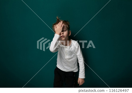 Young Boy Covering Face With Hands 116126497