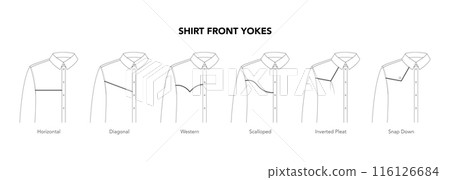 Set of Shirt Top Front Yokes styles - Horizontal, Western, Diagonal, Scalloped, Snap Down technical fashion illustration 116126684
