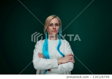 Woman With Blue Hair Standing With Arms Crossed 116126749