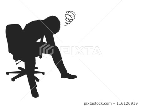 一位沮喪的商人坐在椅子上的剪影,全身側向插圖 一位沮喪的商人坐在椅子上的剪影,全身側向插圖 116126919