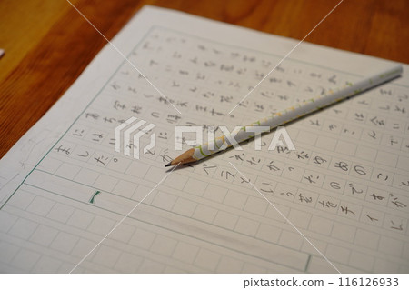 A manuscript paper in the middle of a third-grade elementary school student writing a book report as summer vacation homework 116126933