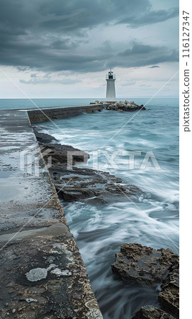 Serene Lighthouse Overlooking Calm Ocean Waves Along Rocky Shore. 116127347