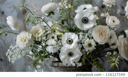 Elegant Floral Arrangement with White Flowers for Calm Home Decor. 116127349