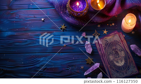 Mystical Tarot Cards with Crystals and Candles for Divination. 116127350