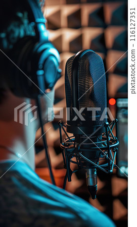 Professional Voice Actor in Sound Booth for Recording and Portfolio Showcase. 116127351