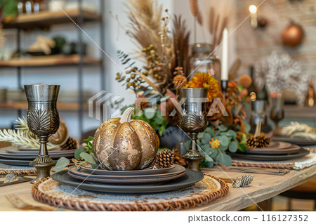 Modern Boho Thanksgiving Dinner Setting in stylish Villa. 116127352