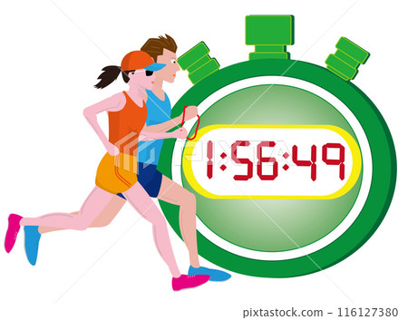 This is an illustration of a visually impaired person running a marathon. A guide runner is accompanying him. 116127380