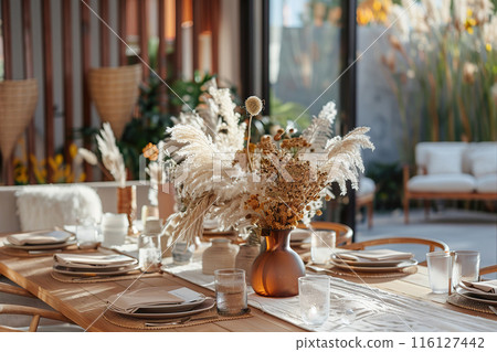 Modern Boho Thanksgiving Dinner Setting in Stylish Villa. 116127442