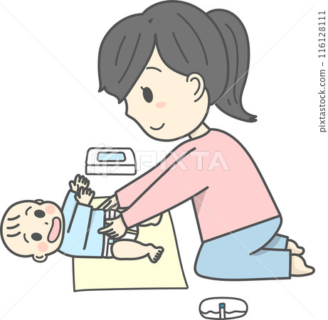 媽媽幫寶寶換尿布的插圖 116128111