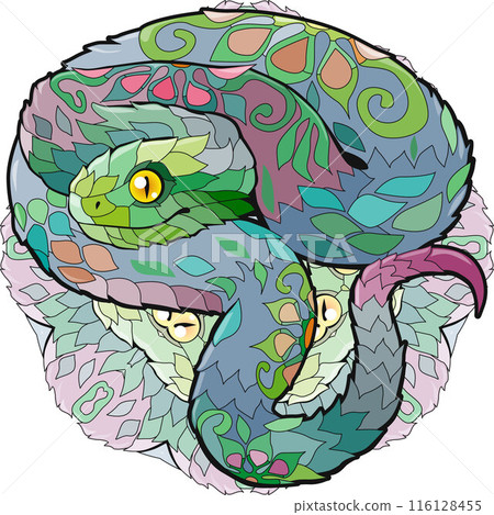 Zentangle snake on mandala. Hand drawn decorative vector illustration. 116128455