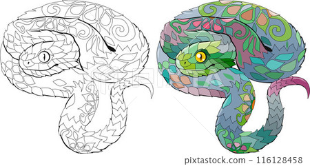 Zentangle snake. Hand drawn decorative vector illustration for coloring book. Color and outline set Zentangle snake. Hand drawn decorative vector illustration for coloring book. Color and outline set 116128458