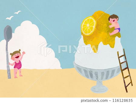 Lemon-flavored shaved ice and children's summer image paper-cut style illustration 116128635