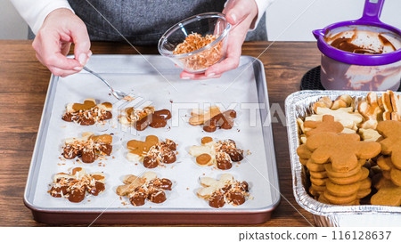 Crafting star-shaped holiday cookies dipped in chocolate and sprinkled with variety of toppings. 116128637