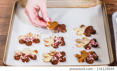 Crafting gingerbread cookie sandwiches with eggnog buttercream, presented on a rustic wooden table for Christmas gifting. 116128694