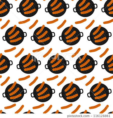 Fried sausages in a grill pan in trendy shades Seamless pattern Top view. Backdrop wallpaper concept 116128861