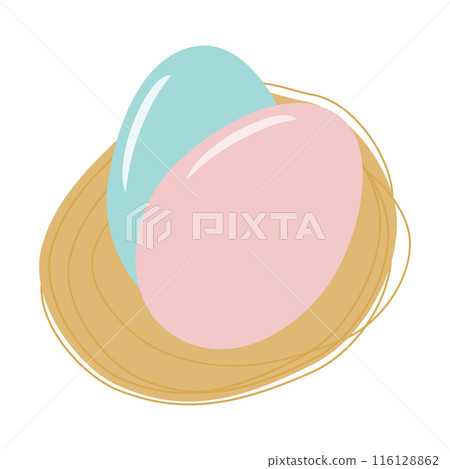 Easter Eggs in trendy soft blue and pink in the nest. Easter Greetings card or banner design concept 116128862