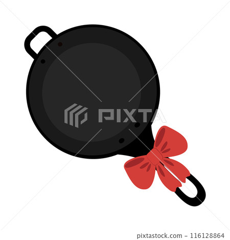 Round cast iron fry pan with handle and bow in cartoon style Top view. Isolated Promo design concept 116128864