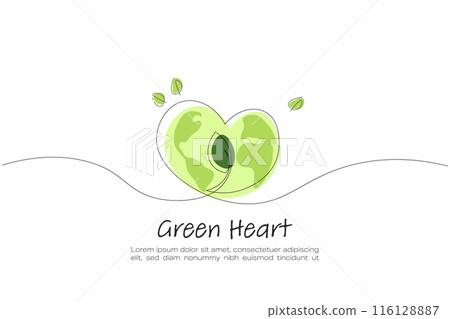 Heart. Continuous line art drawing. Green earth on heart shape. Ecology and Environment concept. Line art vector illustration. 116128887