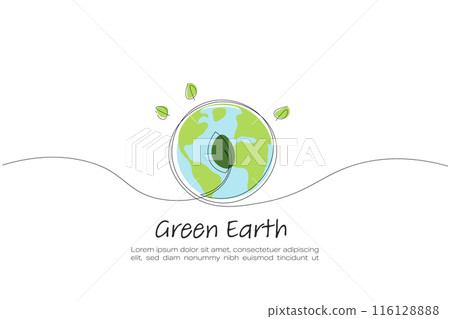 Earth. Continuous line art drawing. Green leaf on the earth. Ecology and Environment concept. Line art vector illustration. Earth. Continuous line art drawing. Green leaf on the earth. Ecology and Environment concept. Line art vector illustration. 116128888