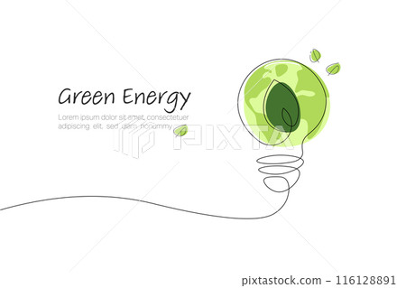 Light Bulb. Continuous line art drawing. Green leaf in the lightbulb with the earth. Ecology and Environment concept. Line art vector illustration. Light Bulb. Continuous line art drawing. Green leaf in the lightbulb with the earth. Ecology and Environment concept. Line art vector illustration. 116128891
