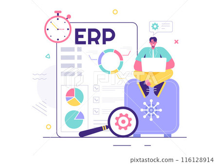 ERP Enterprise Resource Planning System Vector Illustration with Business Integration, Productivity, and Company Enhancement on a Flat Background 116128914