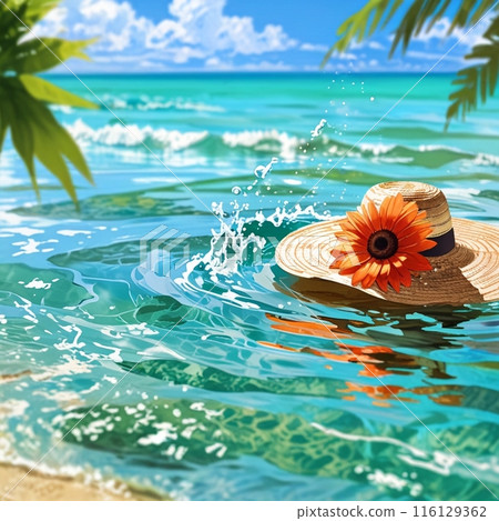 漂浮在海灘上的草帽 漂浮在海灘上的草帽 116129362