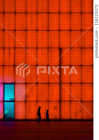 Cyberpunk scene, Illuminated walls of building exterior in China., Cyberpunk scene, Illuminated walls of building exterior in China., 116129373