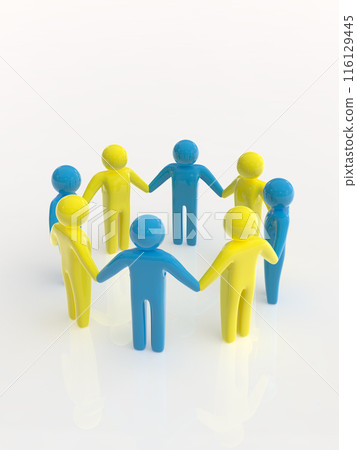 People holding hands in a circle icon blue yellow vertical 3D illustration People holding hands in a circle icon blue yellow vertical 3D illustration 116129445