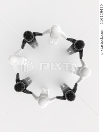 人們手牽手，在頭頂上形成一個圓形圖標，查看黑白垂直 3D 插圖 116129459