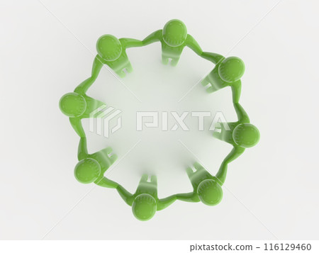 人們手牽手,在頭頂上形成一個圓形圖標,查看綠色水平 3D 插圖 人們手牽手,在頭頂上形成一個圓形圖標,查看綠色水平 3D 插圖 116129460
