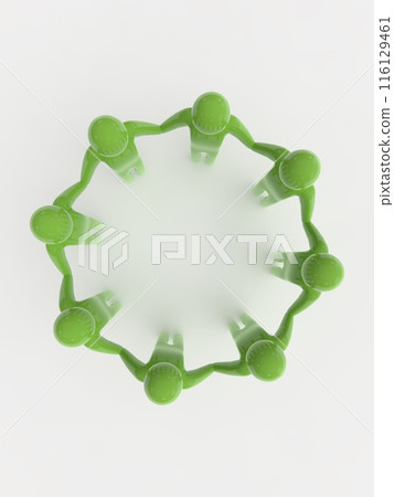 People holding hands in a circle icon, overhead view, green, vertical, 3D illustration 116129461