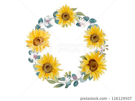 Yellow sunflowers, white flowers, wreath 116129507