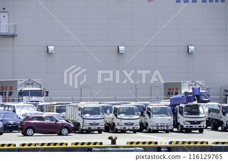 Used trucks for export lined up at a wharf (image) 116129765