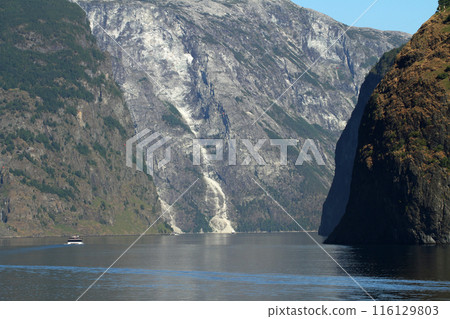 遊船穿越挪威峽灣的懸崖 116129803