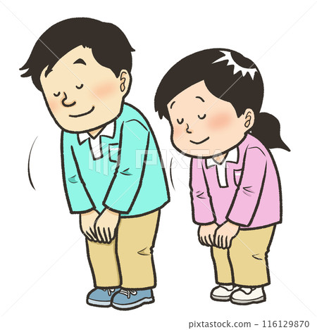 Male and female staff bowing Male and female staff bowing 116129870