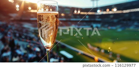 shiny glass of champagne against the backdrop of a sports stadium 116129977
