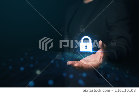 Businessman holding the lock key about cyber security concept. Businessman holding the lock key about cyber security concept. 116130108