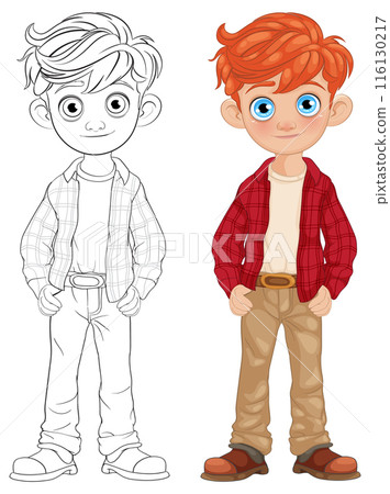 Boy Character Illustration in Color and Outline 116130217