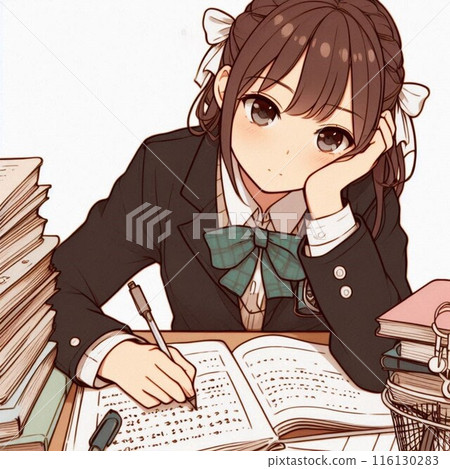 A girl in uniform studying hard at her desk 116130283