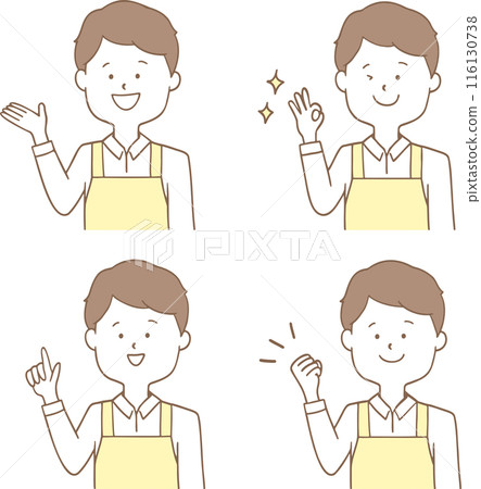 Illustration material: Set of men in aprons in various poses Illustration material: Set of men in aprons in various poses 116130738