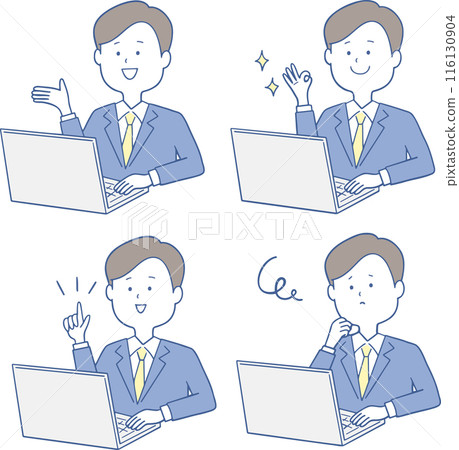 Illustration material: Male staff operating a computer Various pose sets 116130904