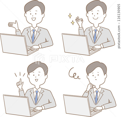 Illustration material: Male staff operating a computer Various pose sets 116130905