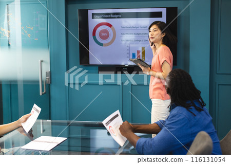 Asian woman presenting budget report in a modern business office, diverse team listening 116131054