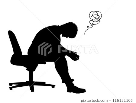 Silhouette of a man sitting on a chair and feeling depressed. Full body sideways. Illustration of a profile 116131105
