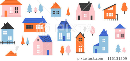 Small cute house seamless pattern. Cute cartoon village town repeated texture. Doodle cozy tiny little cottages background. Repeating suburban town houses and trees wallpaper. Vector illustration 116131209