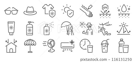 Sun protection icon set. It includes hydrate, sunscreens, umbrellas, water, sun rays, and more icons. Editable Vector Stroke. Sun protection icon set. It includes hydrate, sunscreens, umbrellas, water, sun rays, and more icons. Editable Vector Stroke. 116131250