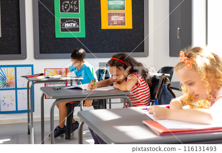 In school, diverse group of young students focusing on their work in the classroom In school, diverse group of young students focusing on their work in the classroom 116131493