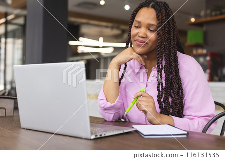 A young biracial woman with long braided hair is working on a laptop in a modern business office 116131535