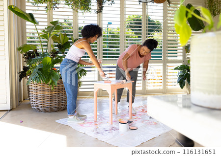 Biracial mother and adult daughter are painting a stool together at home as an upcycling project 116131651