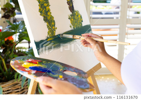 Biracial young woman is painting on canvas outdoors at home 116131670